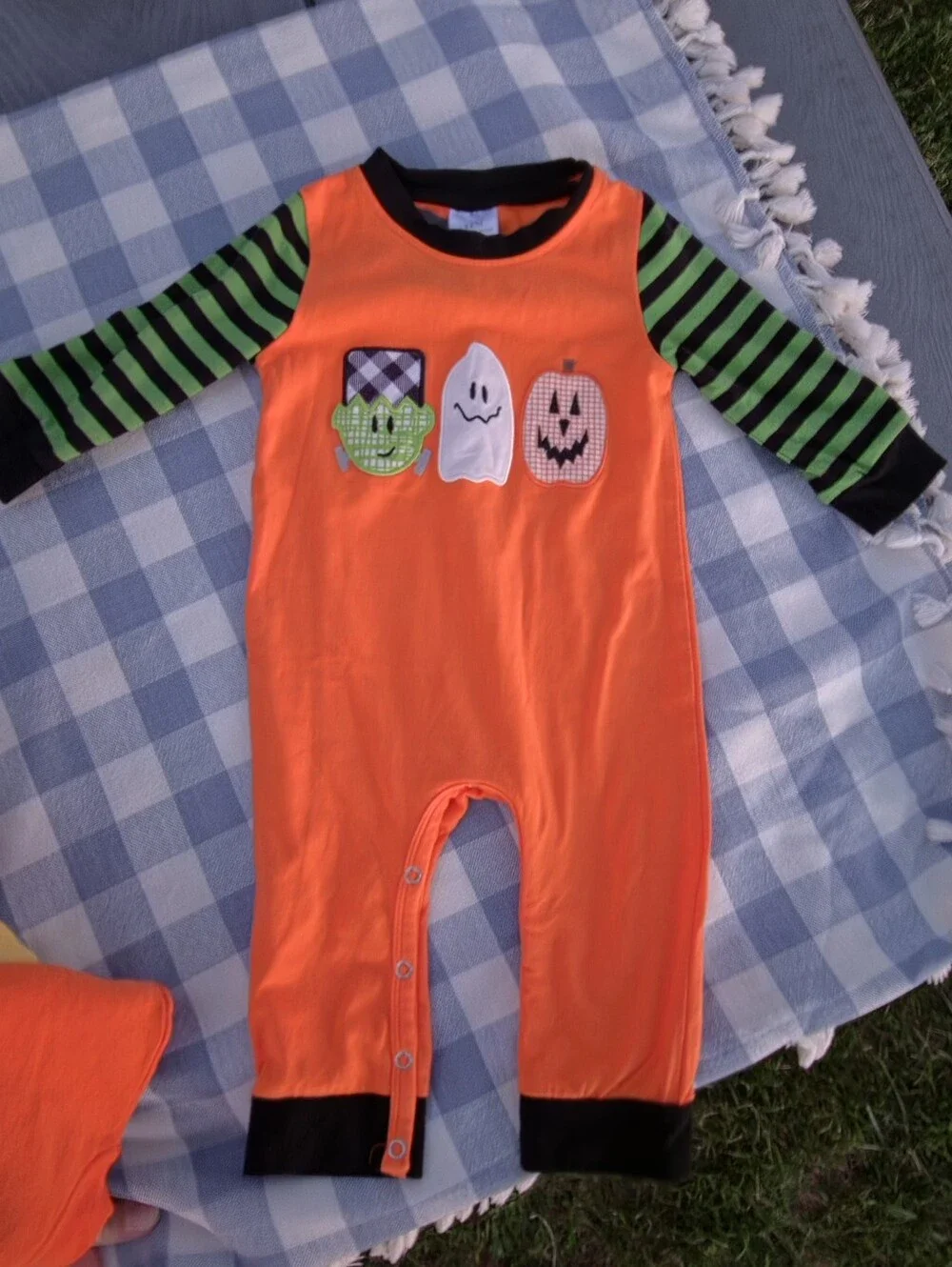 Orange Halloween Baby Romper with Green/Black Striped Sleeves, 12 Months